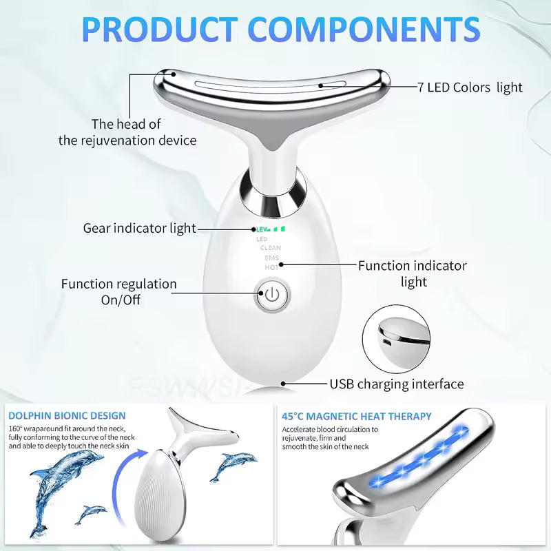 Anti Wrinkle Face Massager – Neck & Face Sculpting Device with EMS, Red/Blue/Green Light Therapy & Warm Vibration