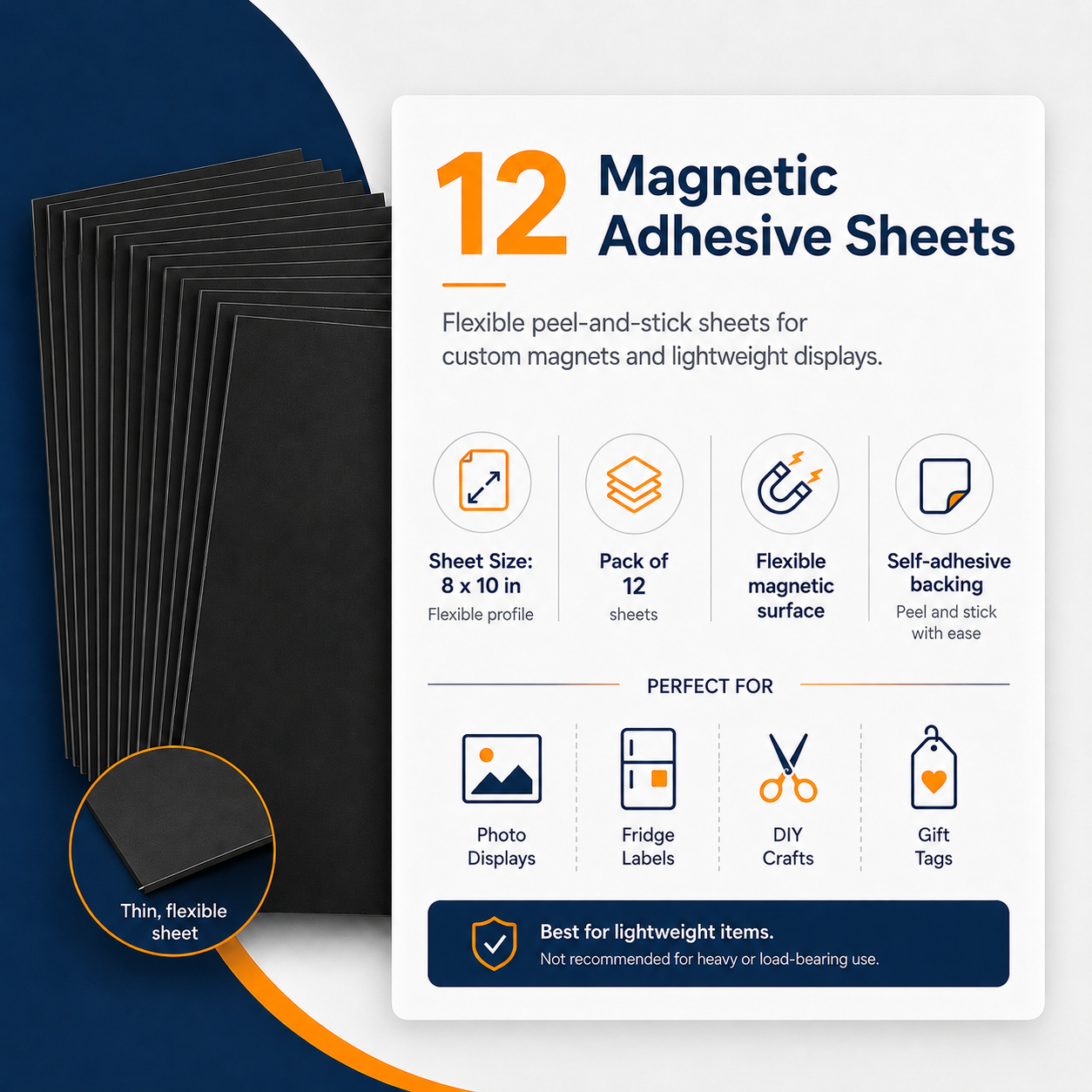 12-Pack Self-Adhesive Magnetic Sheets – 8 × 10 Inch